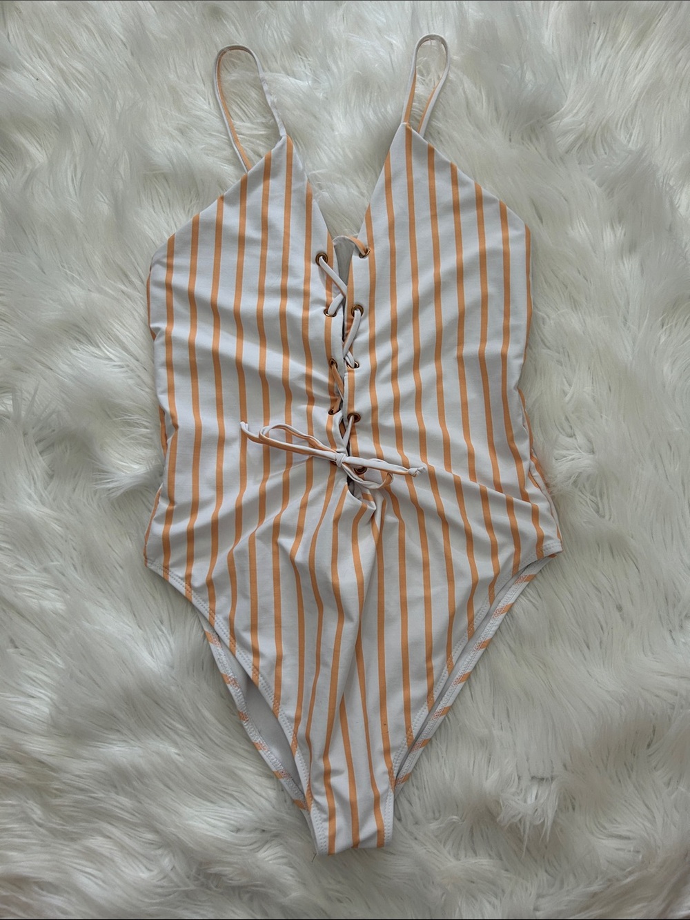 Lace-Up Striped One-Piece Swimsuit in White & Orange